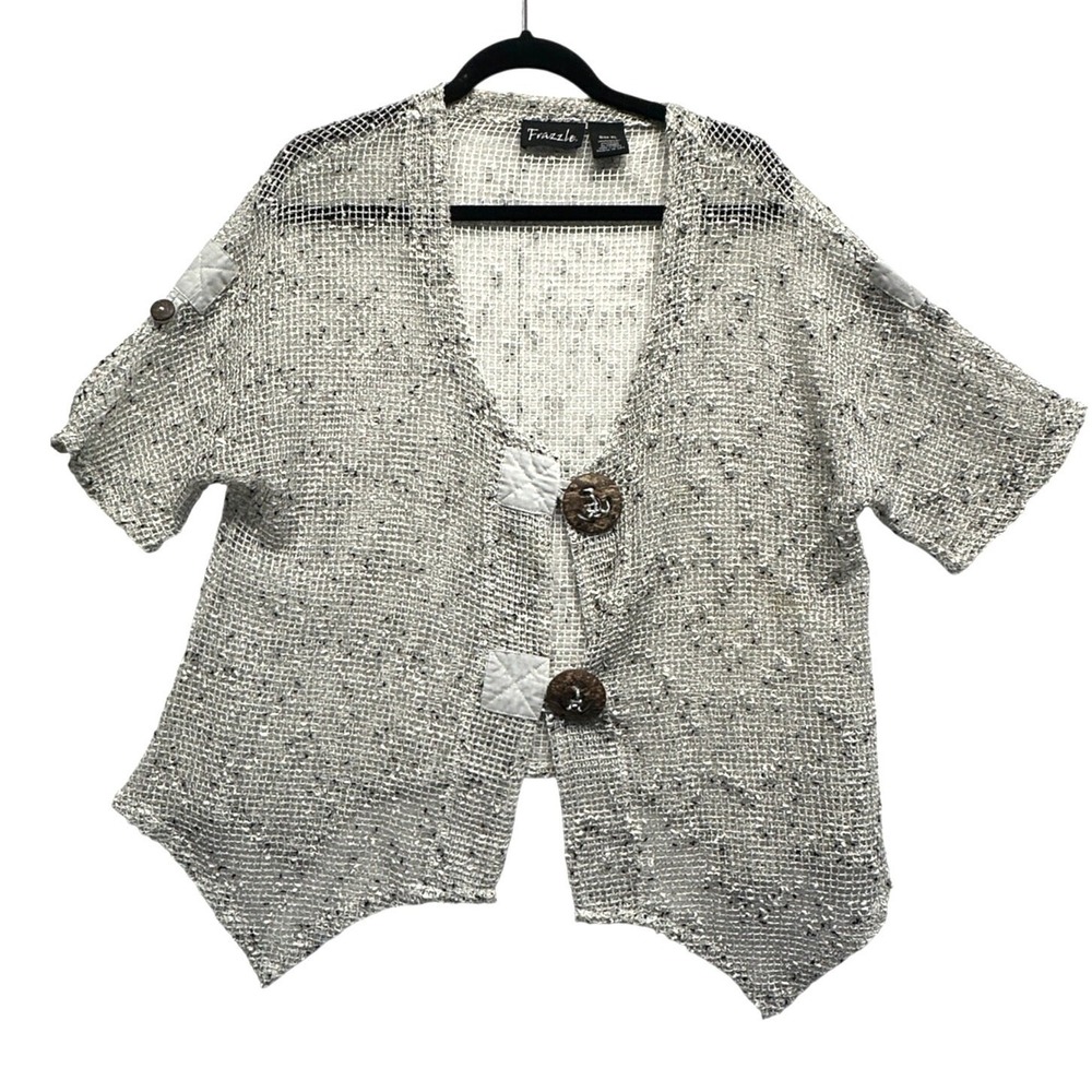Frazzle Womens‎ XL Open Knit Mesh Cardigan Speckled Short Sleeve Sharkbite Hem